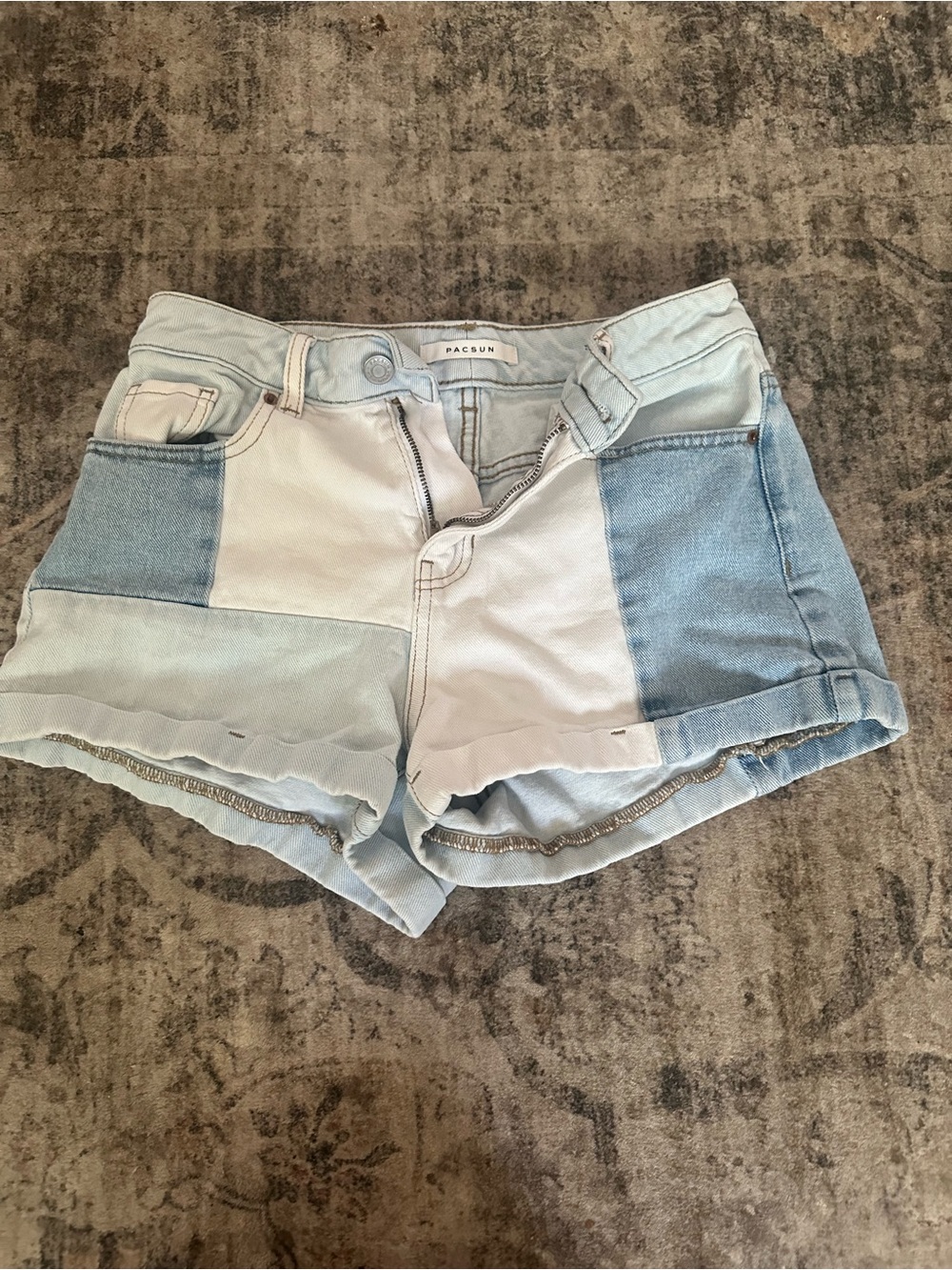 PacSun Women's Two-Tone Light Blue & White Patchwork Denim Shorts